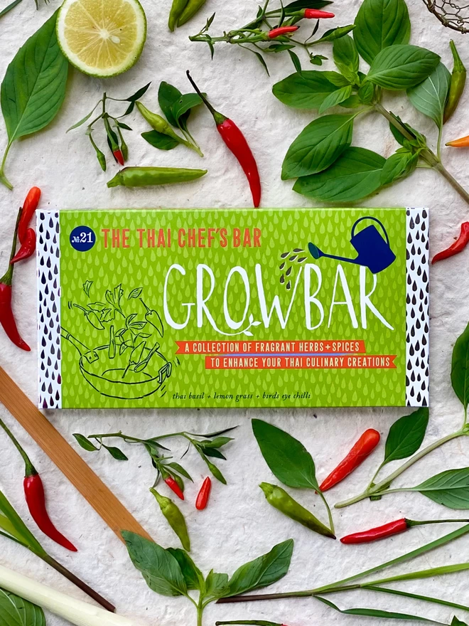 The Thai Chef's Growbar on a bed of tasty chillies, thai basil and lemongrass.