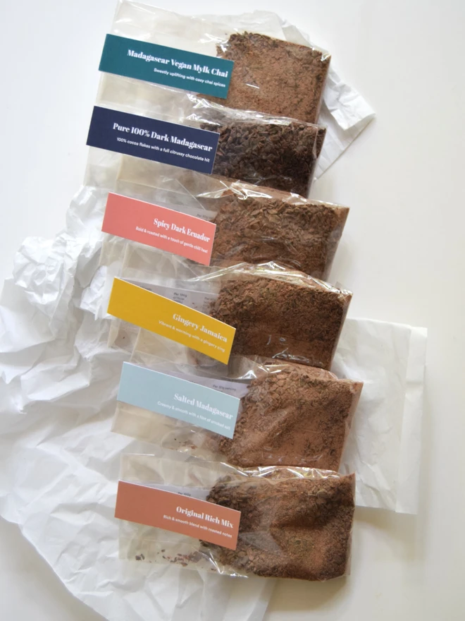 6 flavours of Calm Cocoa vegan-friendly hot chocolate in generous double serving packs