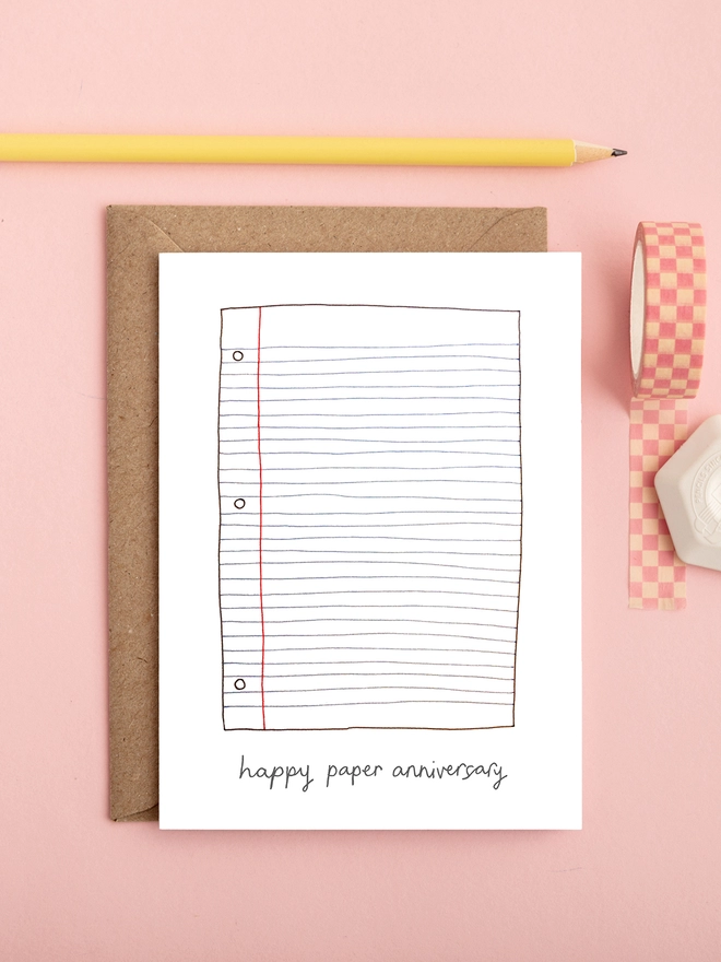 Funny first wedding anniversary card featuring a piece of lined paper