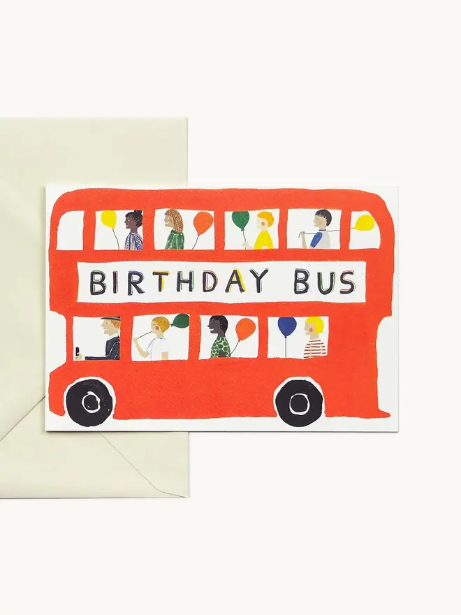 bright red bus card with birthday design and imagery