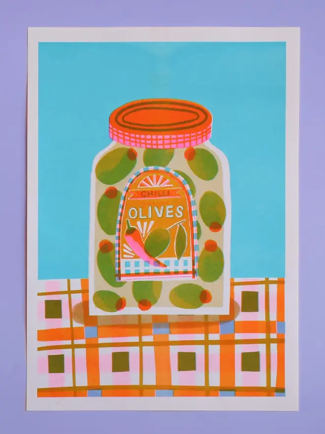 Chilli Stuffed Olives In A Jar Risograph Print