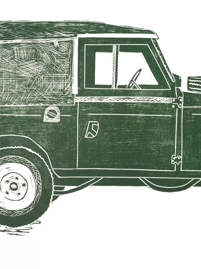Picture of a Land Rover, taken from an original Lino Print 