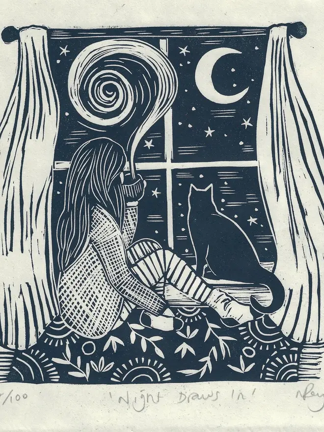 Night Draw Linocut Print 