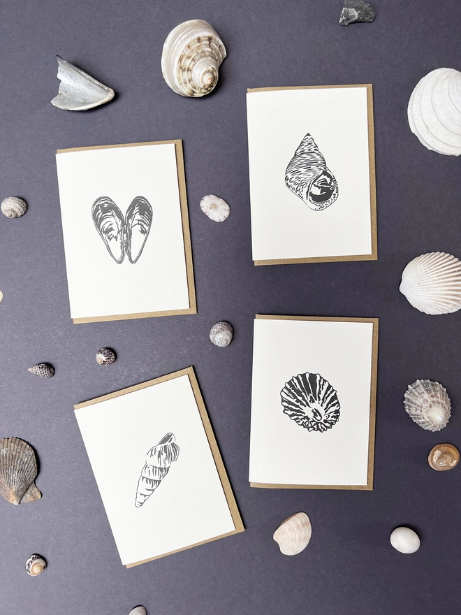 All four of the seaside treasures small cards with lots of different shells around them