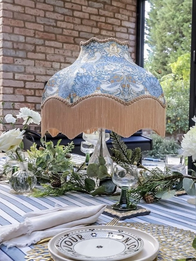 William Morris Strawberry Thief Fringed Lampshade Blue