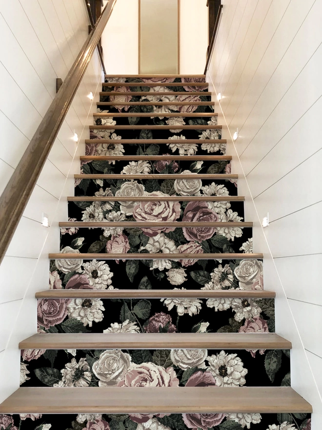 Florence Floral Stair Raiser Stickers on medium wood stairs