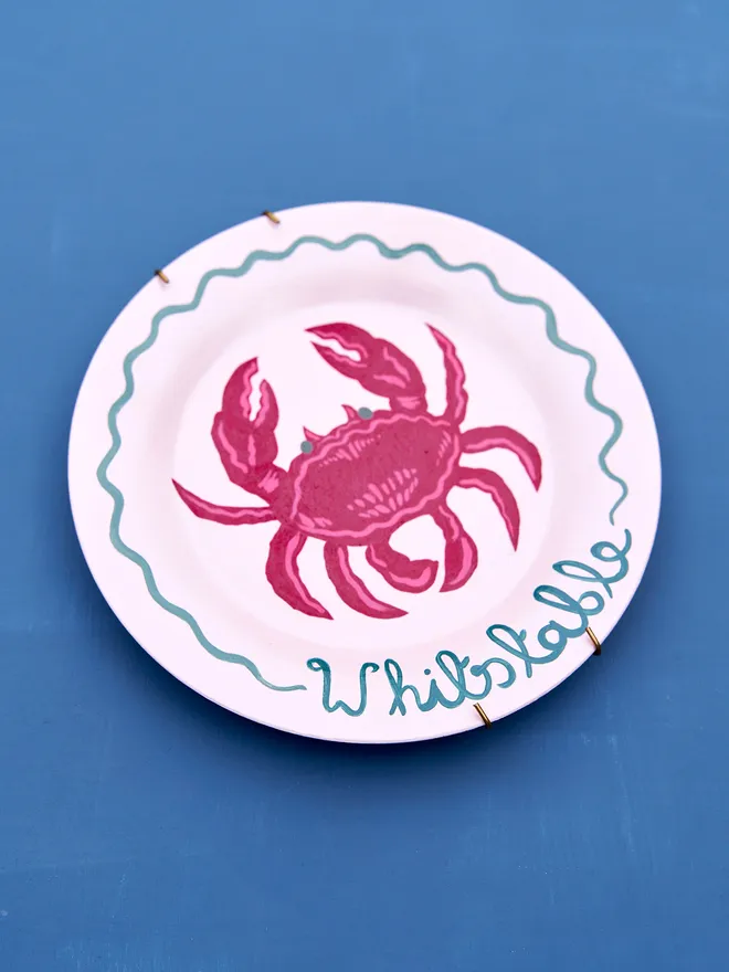 Personalised Pink Seaside Wall Plate with a  hand-drawn Crab