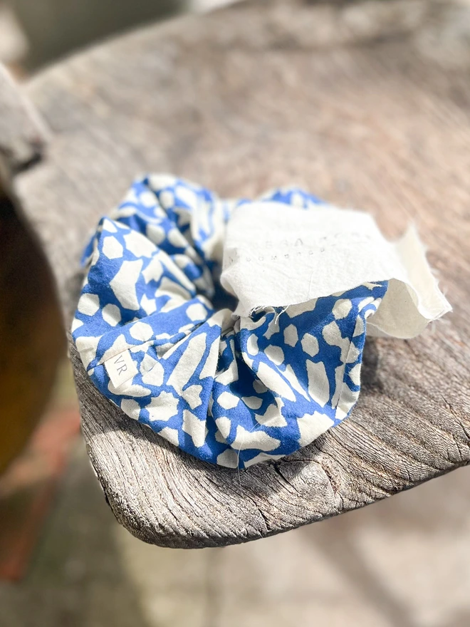 Blue block print hair scrunchie