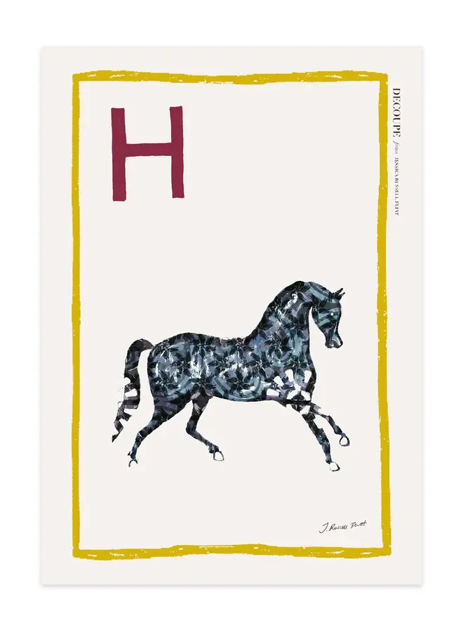 signed a-z alphabet prints. horse print with the letter 'h' in the corner.