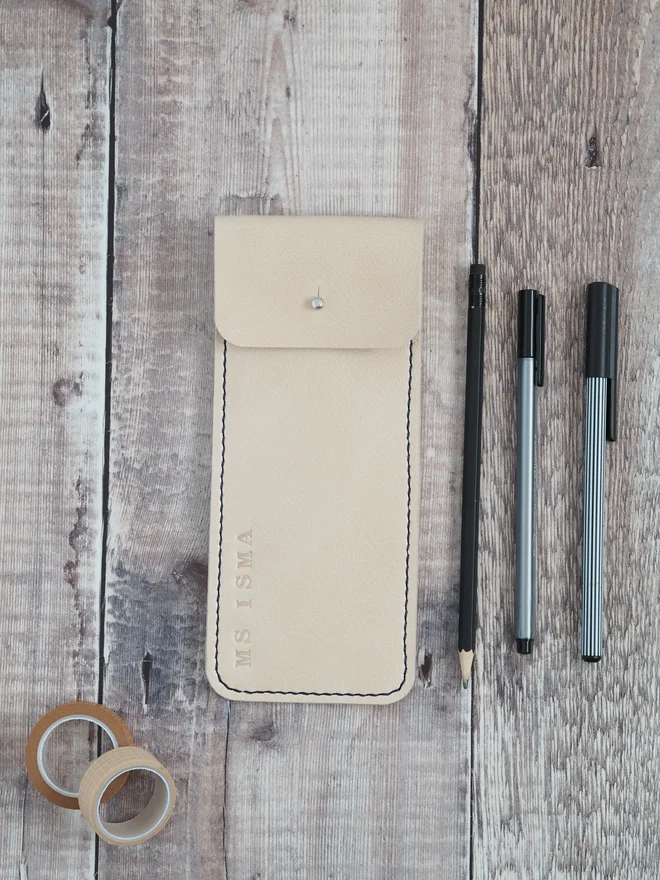 Personalised teacher gift. Handmade leather pencil case in natural cream.