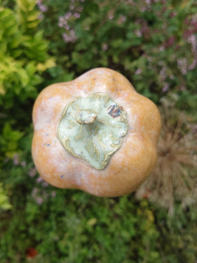 Stoneware pumpkin garden cane topper