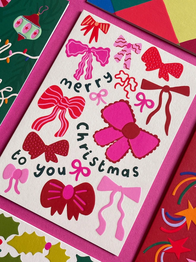 Bright, Colourful & Joyful Bow Pattern Christmas Card | Raspberry Blossom 