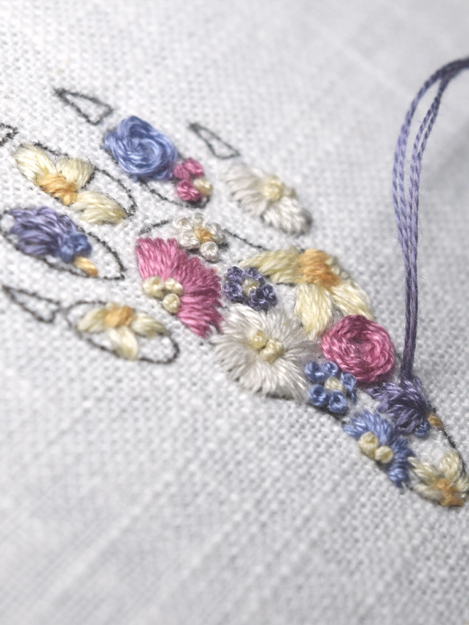 A close up of the Floral Meadow rabbit foot, Work-in-progress.