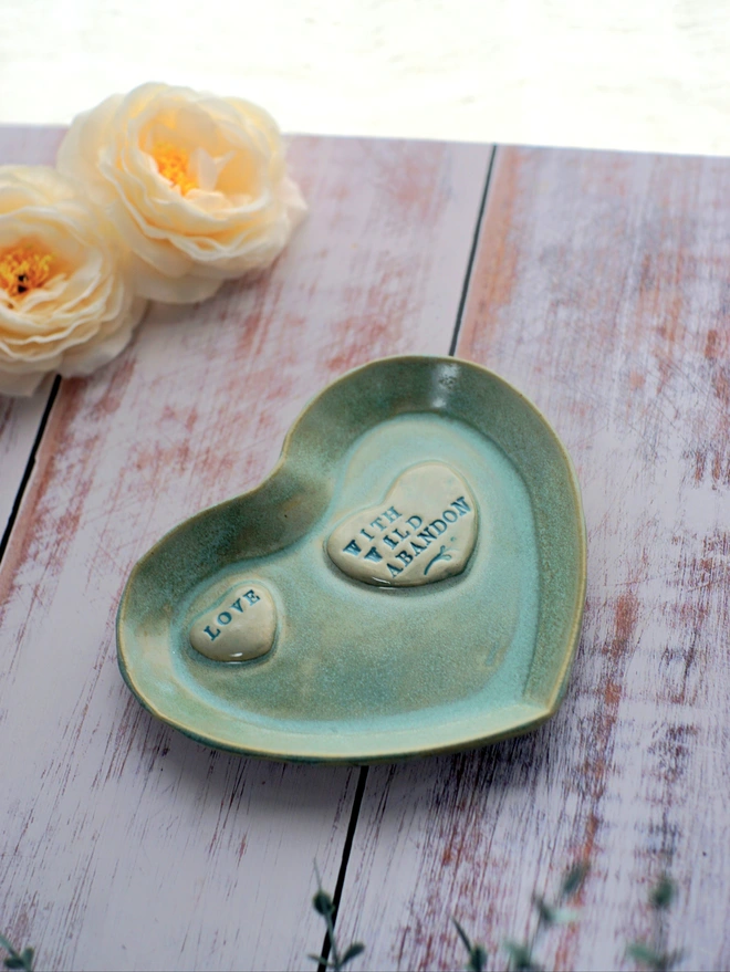 love with wild abandon dish, ceramic jewellery dish, heart dish, heart jewellery dish, Jenny Hopps Pottery