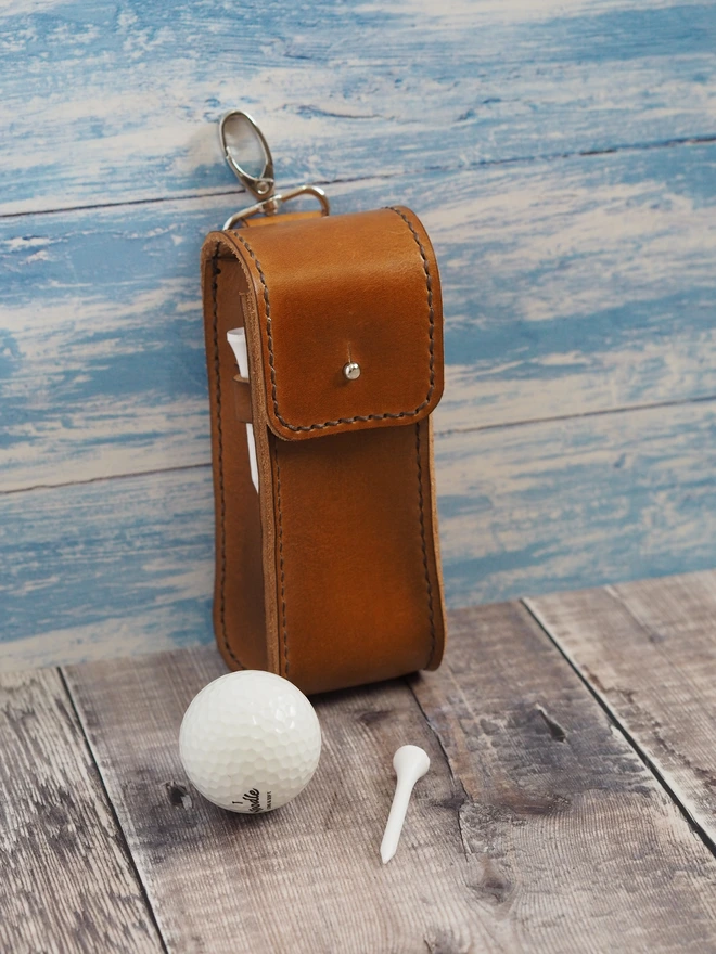 Handmade Leather Golf Ball Carry Case in hand dyed tan brown