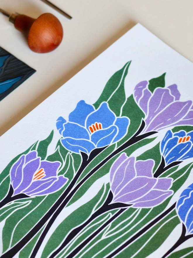 Purple and blue crocus linocut flower art print.