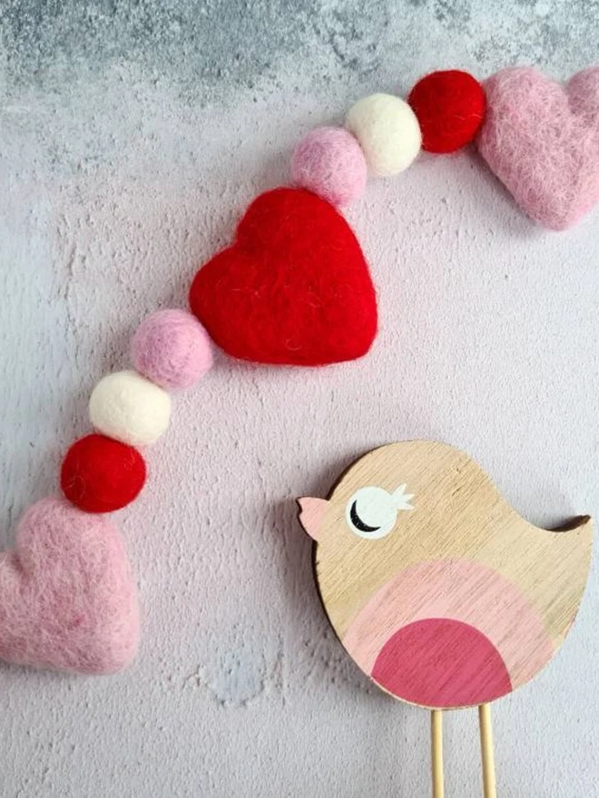 Valentine Heart Garland Pink and Red Felt Wool Hearts