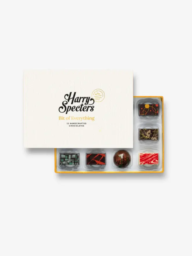 A box of 12 luxury chocolates covered by a premium Harry Specters lid