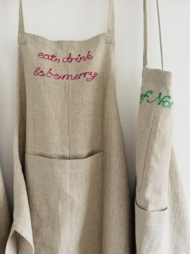 Embroidered Phrase Personalised Linen Apron