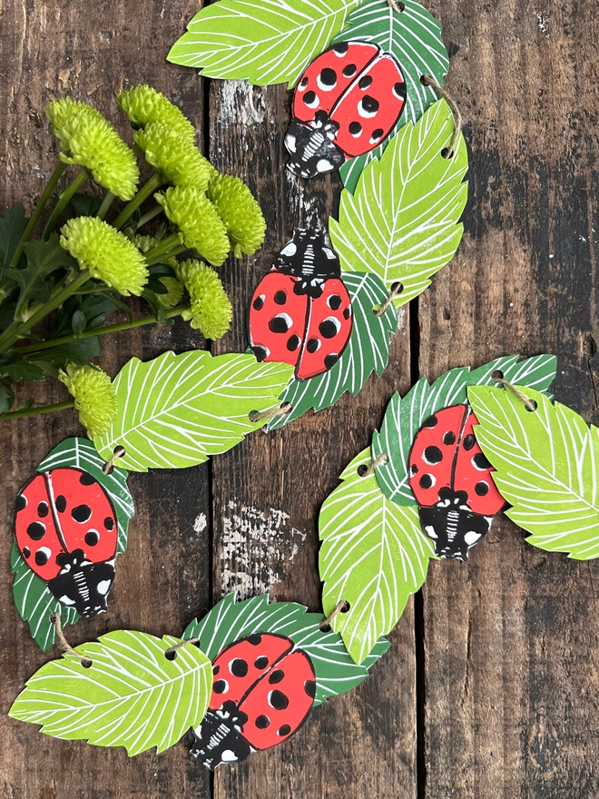 'Lucky Ladybird' Garland Hand Printed Nature Linocut Decor