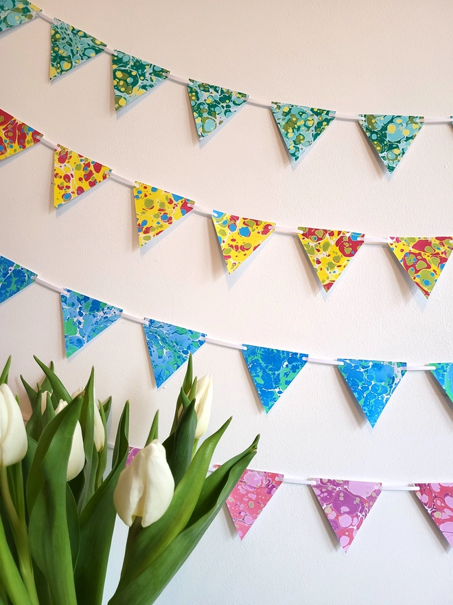 Hand-marbled miniature paper baby bunting - garland for nursery, child's bedroom, party, celebration