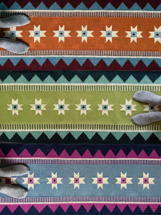 Victoria Flatweave Runner Rugs in Blue, Green and Orange