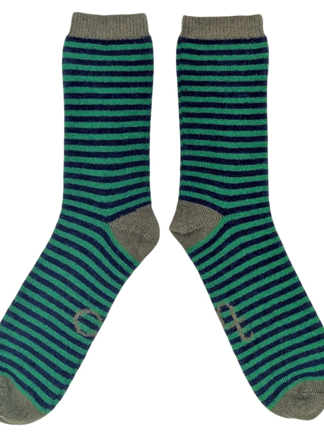 MENS WOOL ANKLE - STRIPE - GREEN & NAV