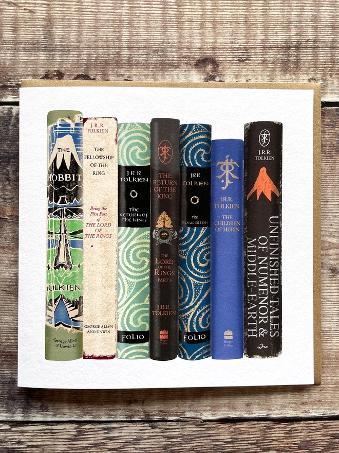 Illustrated greetings card featuring Tolkien book spines