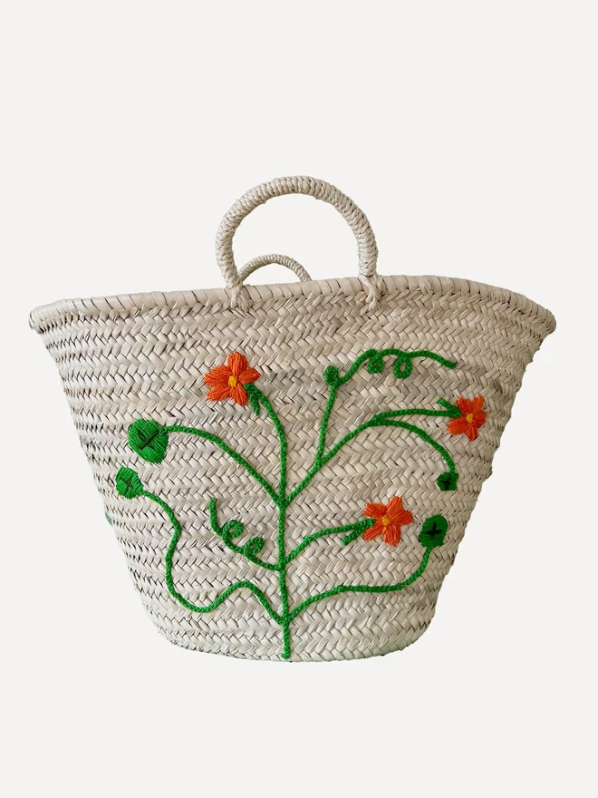 'Nasturtium' Hand Embroidered Market Basket 