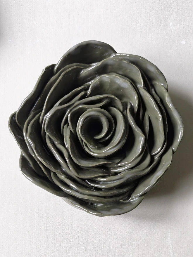 dark green glazed handmade ceramic rose