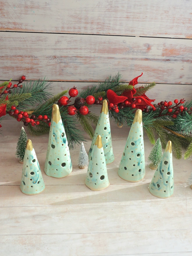 christmas tree lanterns, christmas tea light lanterns, christmas accessories, christmas lights, christmas trees lanterns, ceramic tree lanterns, ceramic christmas tree decorations, ceramic christmas trees, Jenny Hopps Pottery, green ceramic trees with gold 
