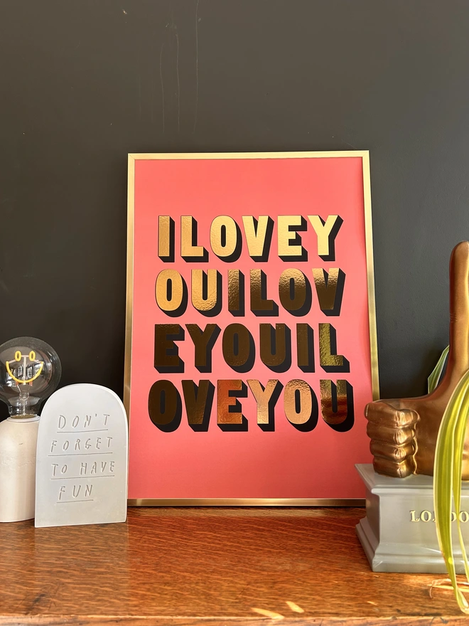 i love you gold metallic print a3 coral background