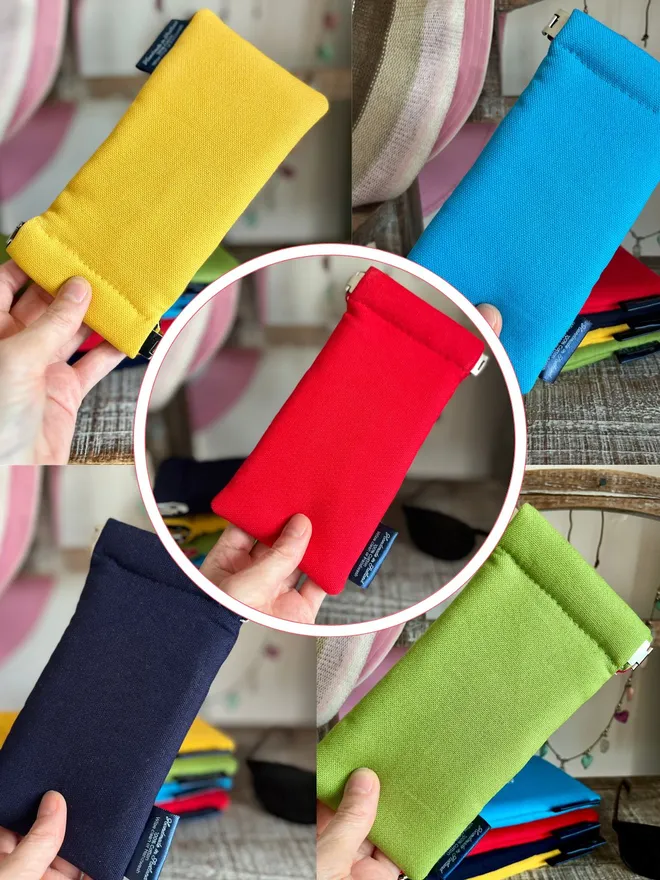 Collage of 5 cotton glasses cases in yellow, blue, red, navy & green.