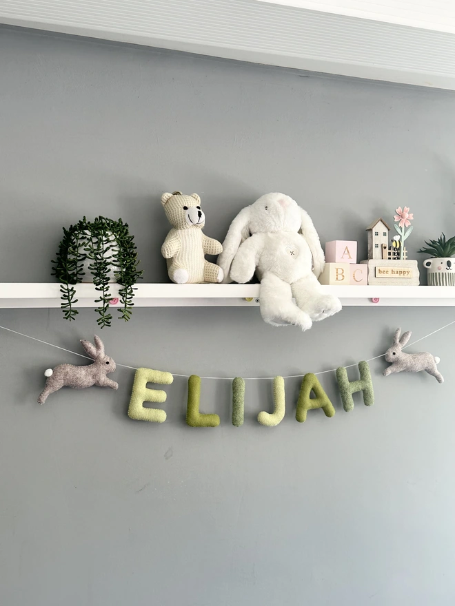 Personalised Name Garland with Bunnies, child’s name banner hanging, nursery decoration, baby gift, kids bunting, playroom decor 