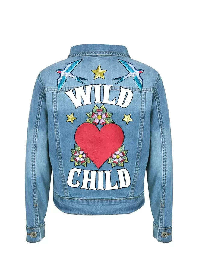 Wild child denim and bone jacket seen from the back in light blue
