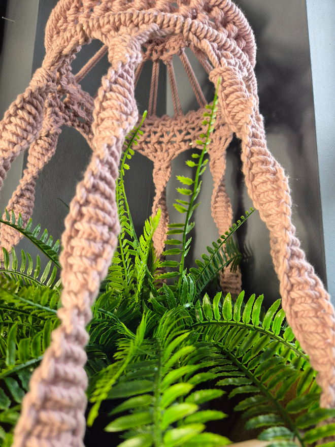 stylish handmade macrame plant hanger suspended from ceiling, displaying a lush green fern in a chic living room setting near a window