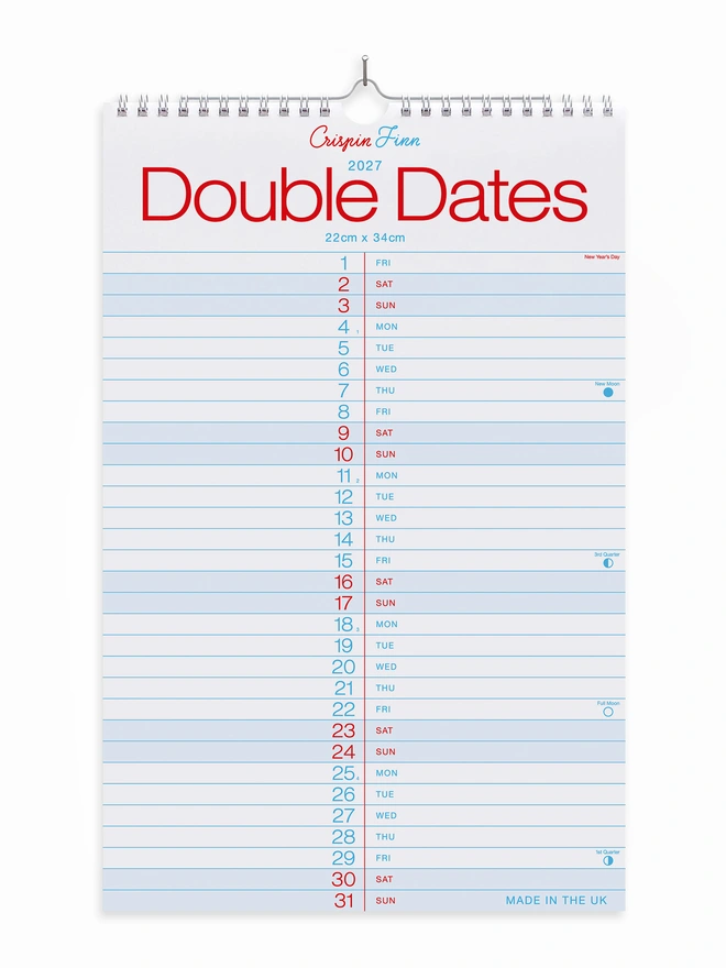 Wiro bound 2027 wall hanging calendar with blue and red graphics, in a simple graphic clear style