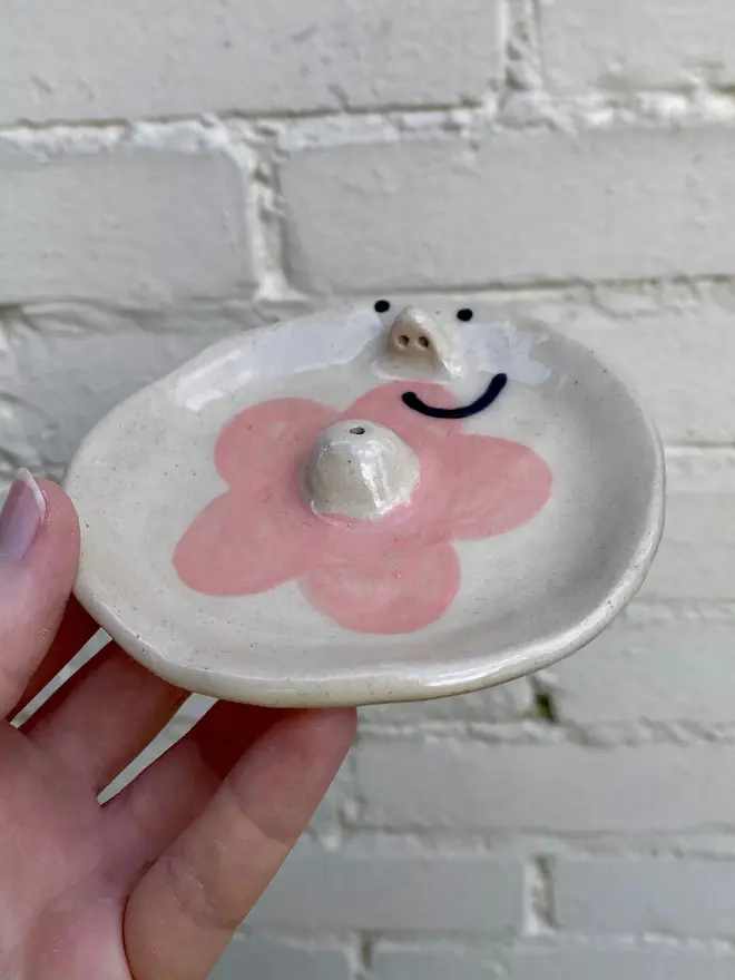 pink flower handmade ceramic incense dish