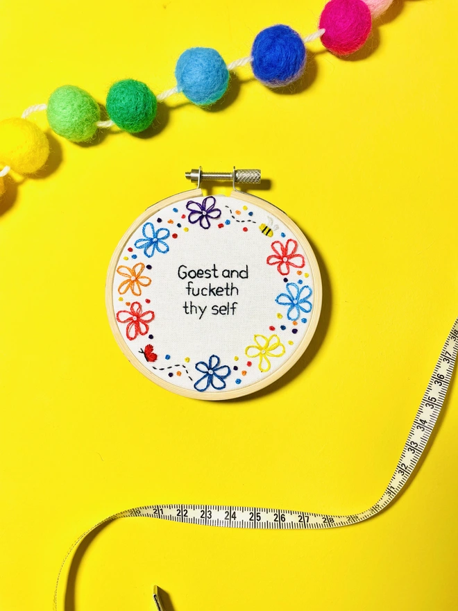 Goest and fucketh thy self hand embroidery swearing hoop art