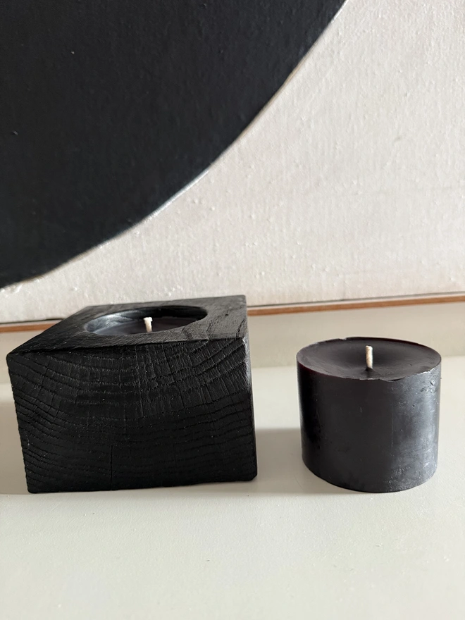 Refillable Yakisugi  candle holder with hand poured candle and refill geranium essence