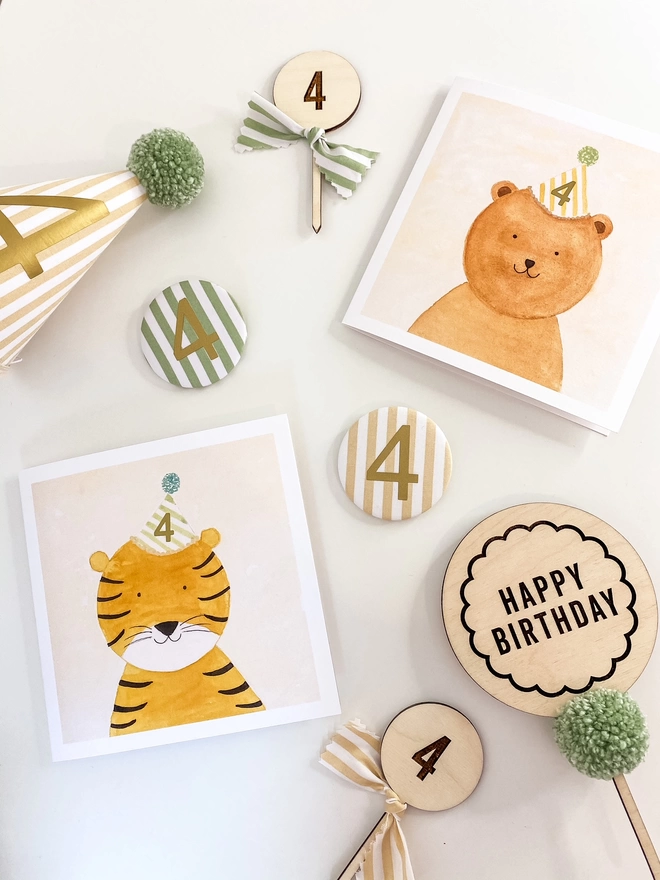 Bear and Tiger Birthday Cards and Striped Birthday Badges