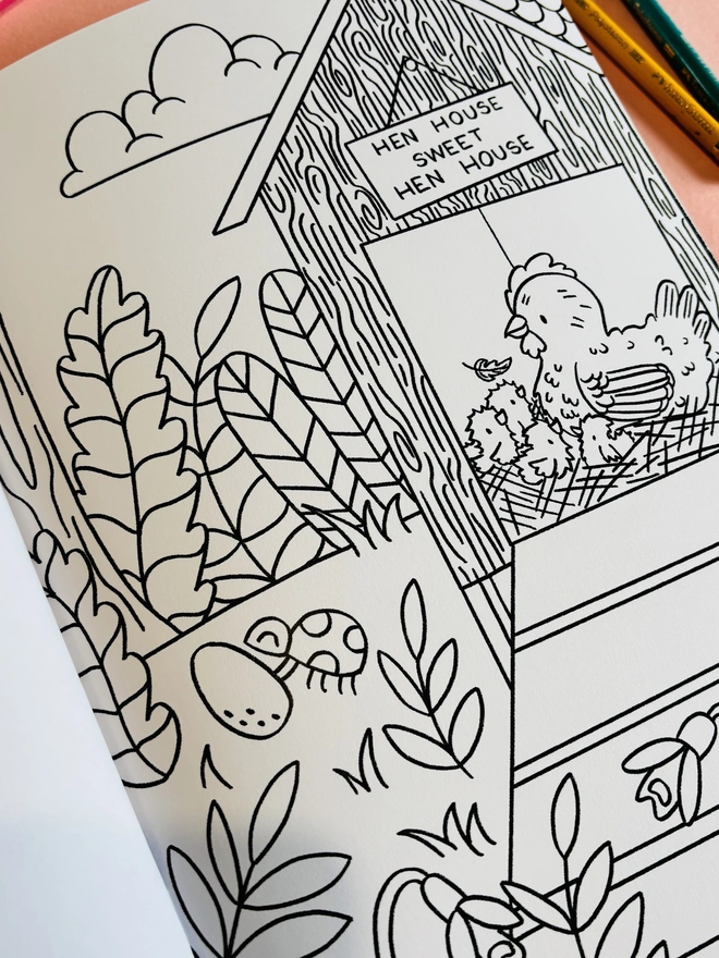 Cute chicken colouring page from activity book 