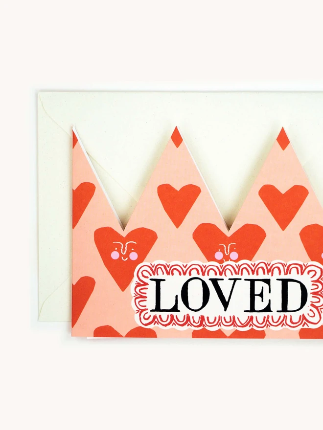 pink and red crown hart card with 'loved' text