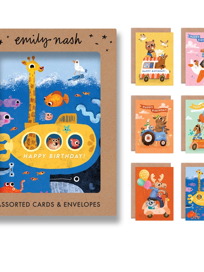 birthday set multipack pack greeting cards birthday card children's kids animal penguin moose elephant pig bear