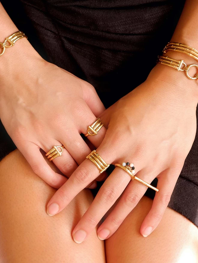 bamboo bauble ring in gold vermeil with black & white beads, on model