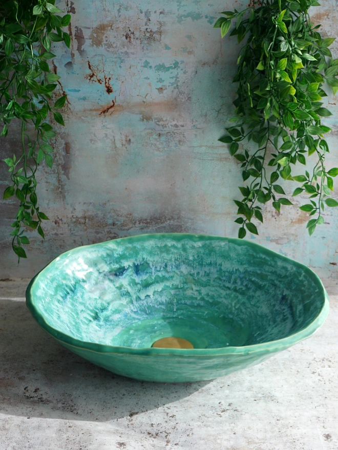 ceramic bathroom basin, unique bathroom basin, handcrafted bathroom basin, handmade bathroom basin, handmade sink, handcrafted sink, bespoke, basin, bespoke sink, green sink, green basin, Jenny Hopps Pottery, sculptural basin, sculptural sink, luxury bathroom basin