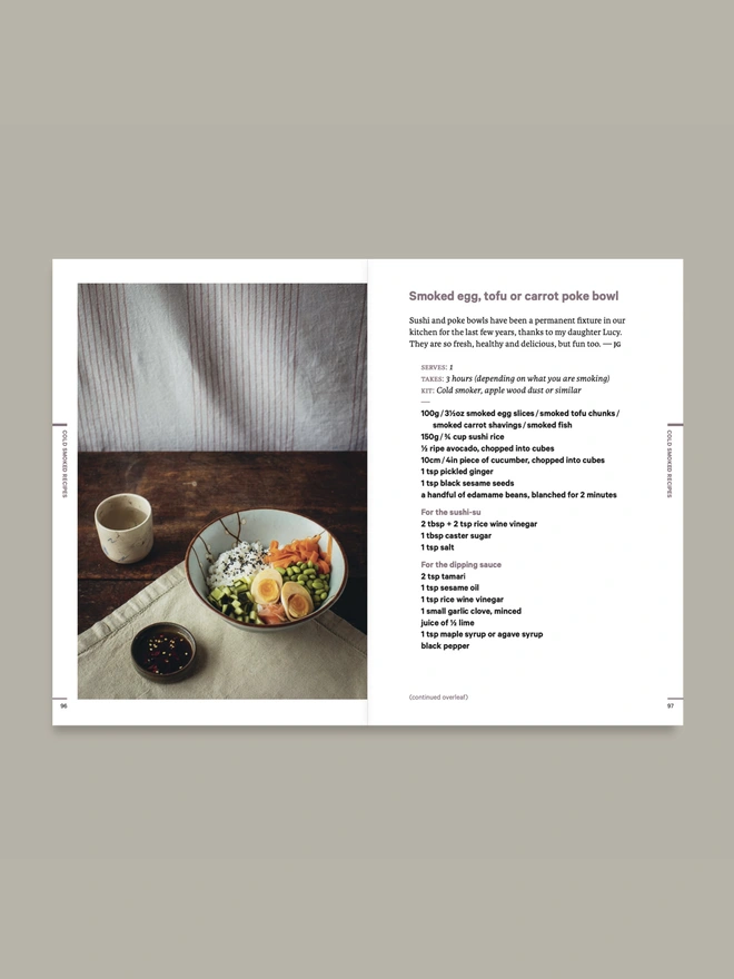 Page of a book showing recipe for poke bowl