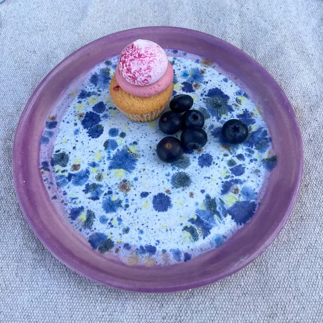Shoreline Side Plate, a colourful plate placed on a stone surface. It is accompanied by fruits and a sweet treat. 