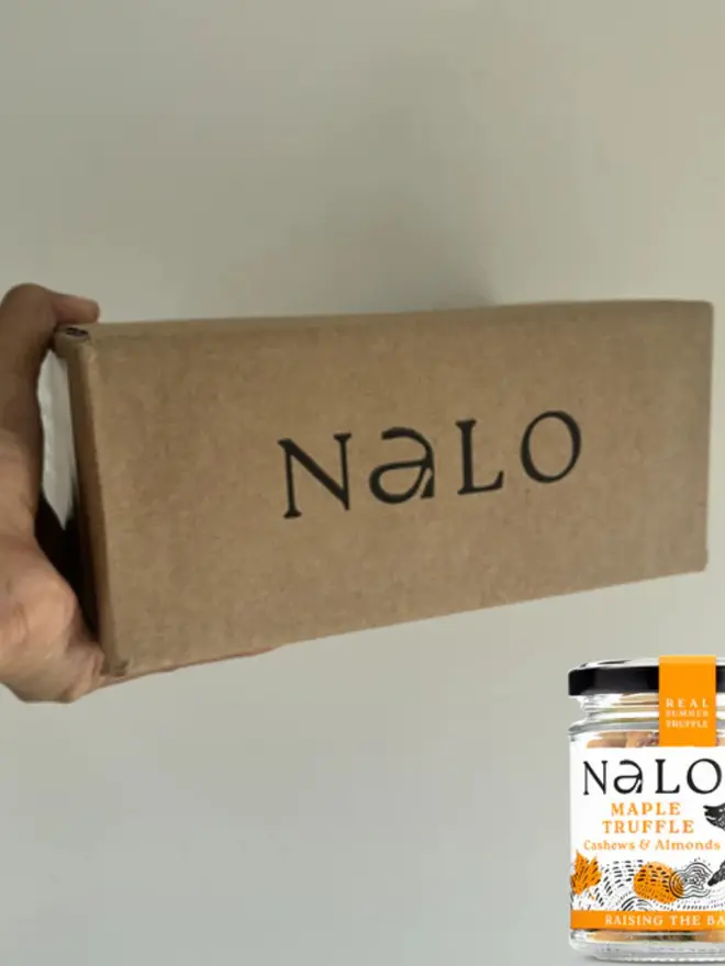 Maple Truffle Cashews & Almonds (Set Of 6), packaging box against.a white background. 