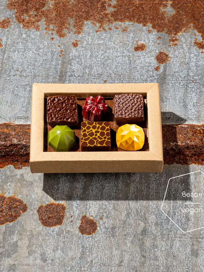 6 vegan chocolates in a brown box